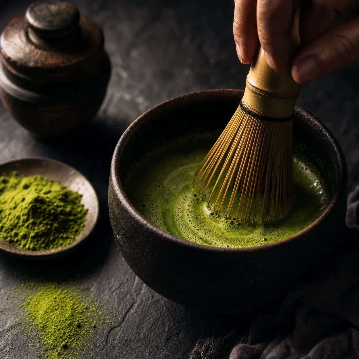Vibrant matcha in a ceramic bowl with a bamboo whisk