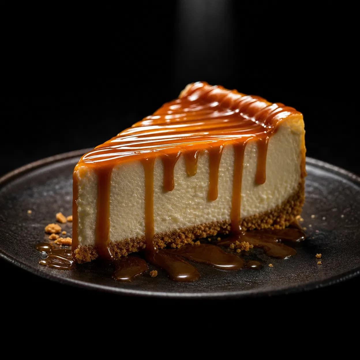 A slice of caramel-topped cheesecake on a dark ceramic plate